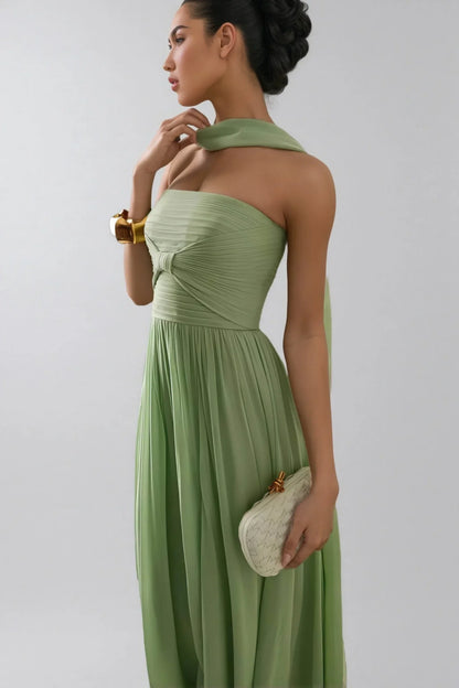 Sage Green Strapless Pleated Chiffon Gown With Detachable Neck Scarf Floor Length Formal Evening Prom Dress