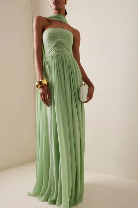 Sage Green Strapless Prom Dress With Bow Detail Scarf Neckline And Chiffon A Line Formal Prom Dress