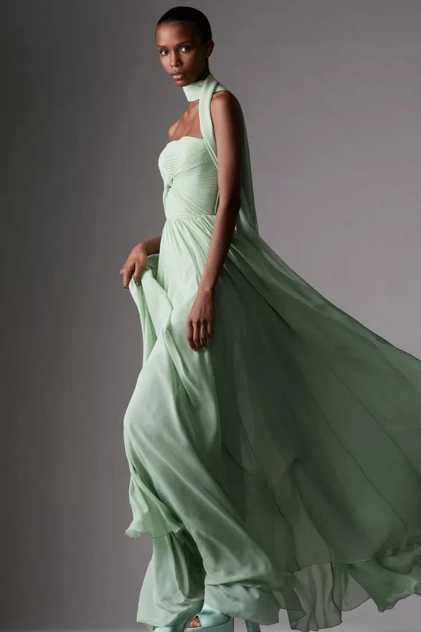 Sage Green Strapless Prom Dress With Bow Detail Scarf Neckline And Chiffon A Line Formal Prom Dress