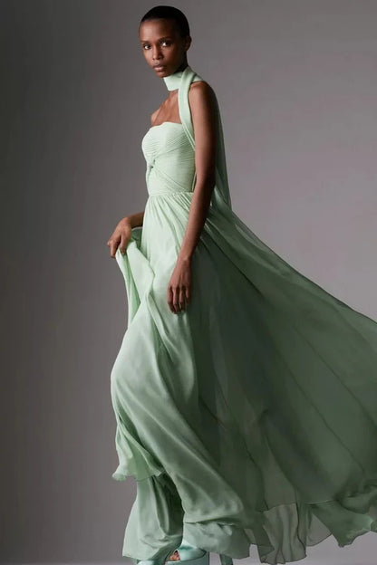 Sage Green Strapless Prom Dress With Bow Detail Scarf Neckline And Chiffon A Line Formal Prom Dress