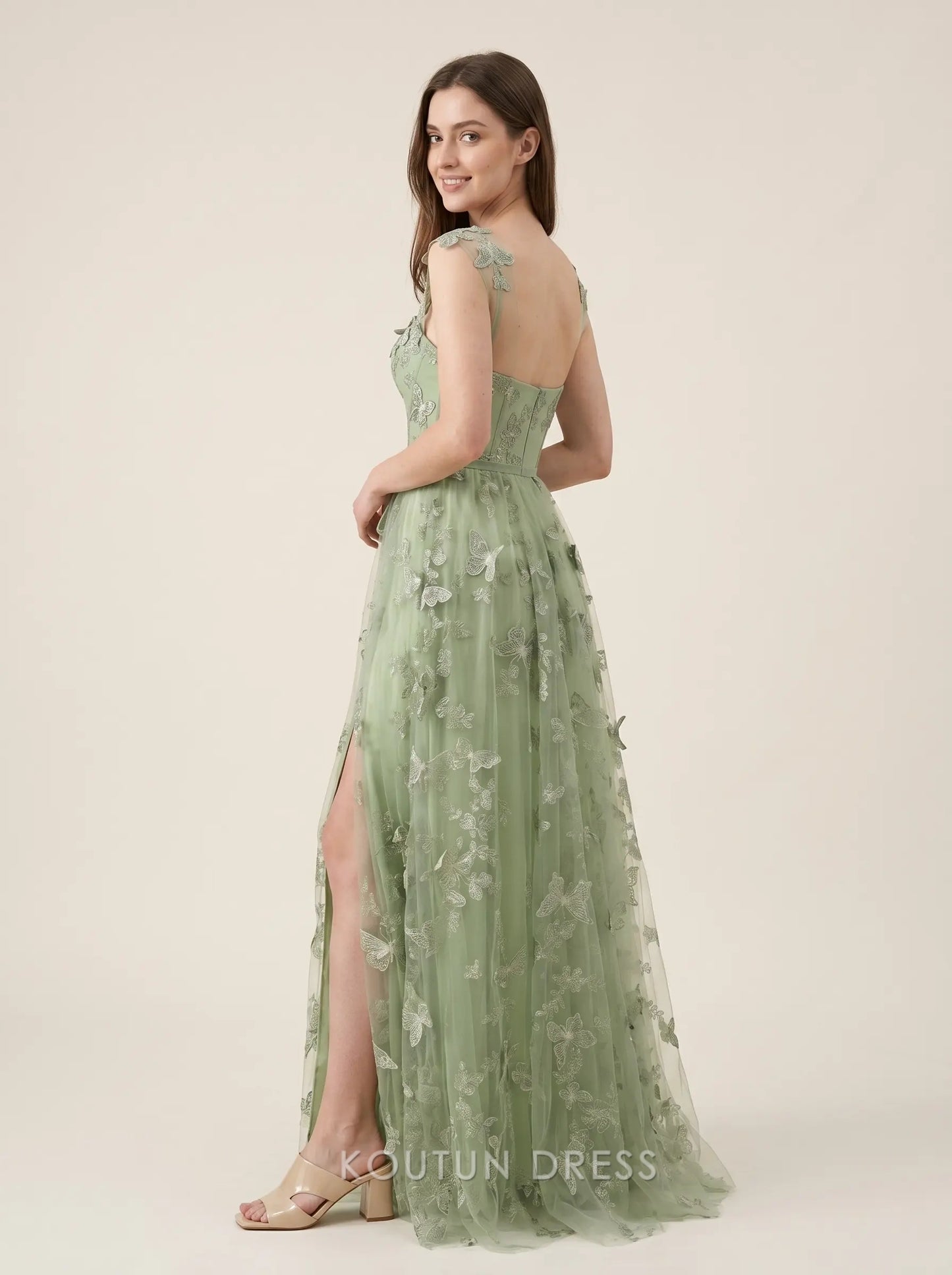 Sage Green Sweetheart Neck Butterfly Applique Corset Tulle A Line High Slit Floor Length Formal Evening Prom Dress