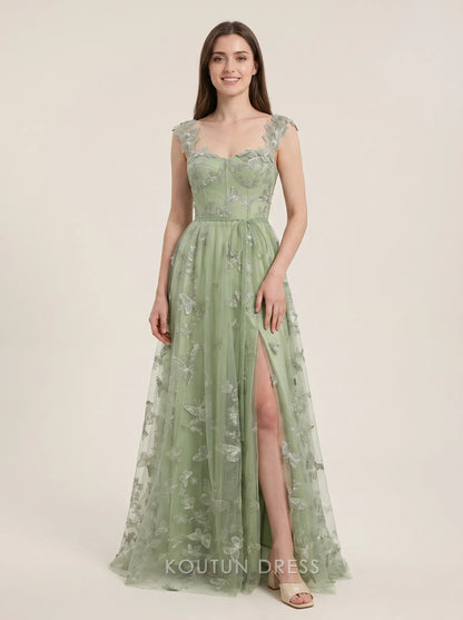 Sage Green Sweetheart Neck Butterfly Applique Corset Tulle A Line High Slit Floor Length Formal Evening Prom Dress