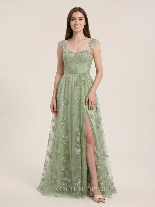 Sage Green Sweetheart Neck Butterfly Applique Corset Tulle A Line High Slit Floor Length Formal Evening Prom Dress