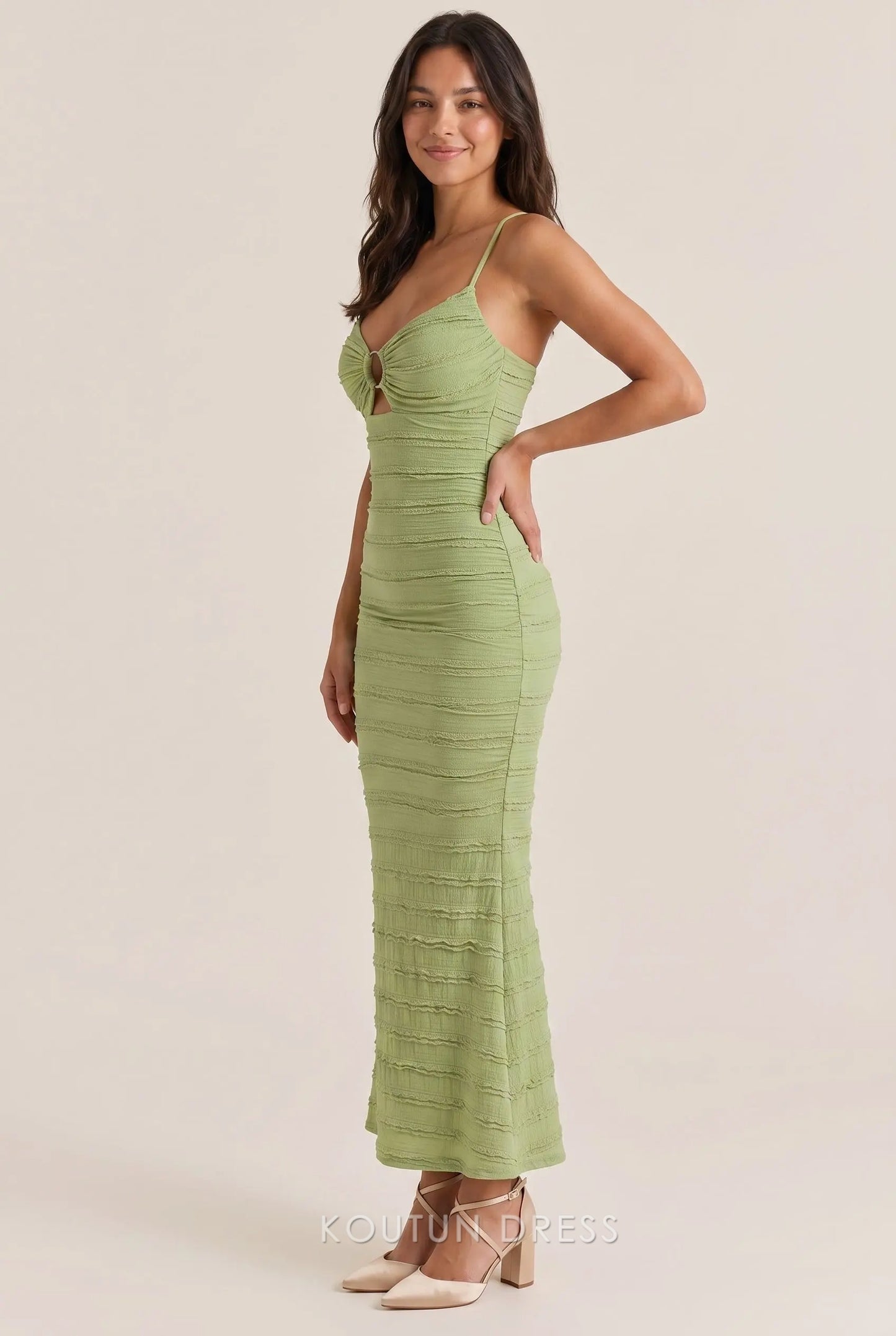 Sage Green Textured Knit Mermaid V Neck Spaghetti Strap O Ring Cutout Open Back Floor Length Formal Evening Prom Dress