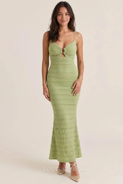 Sage Green Textured Knit Mermaid V Neck Spaghetti Strap O Ring Cutout Open Back Floor Length Formal Evening Prom Dress
