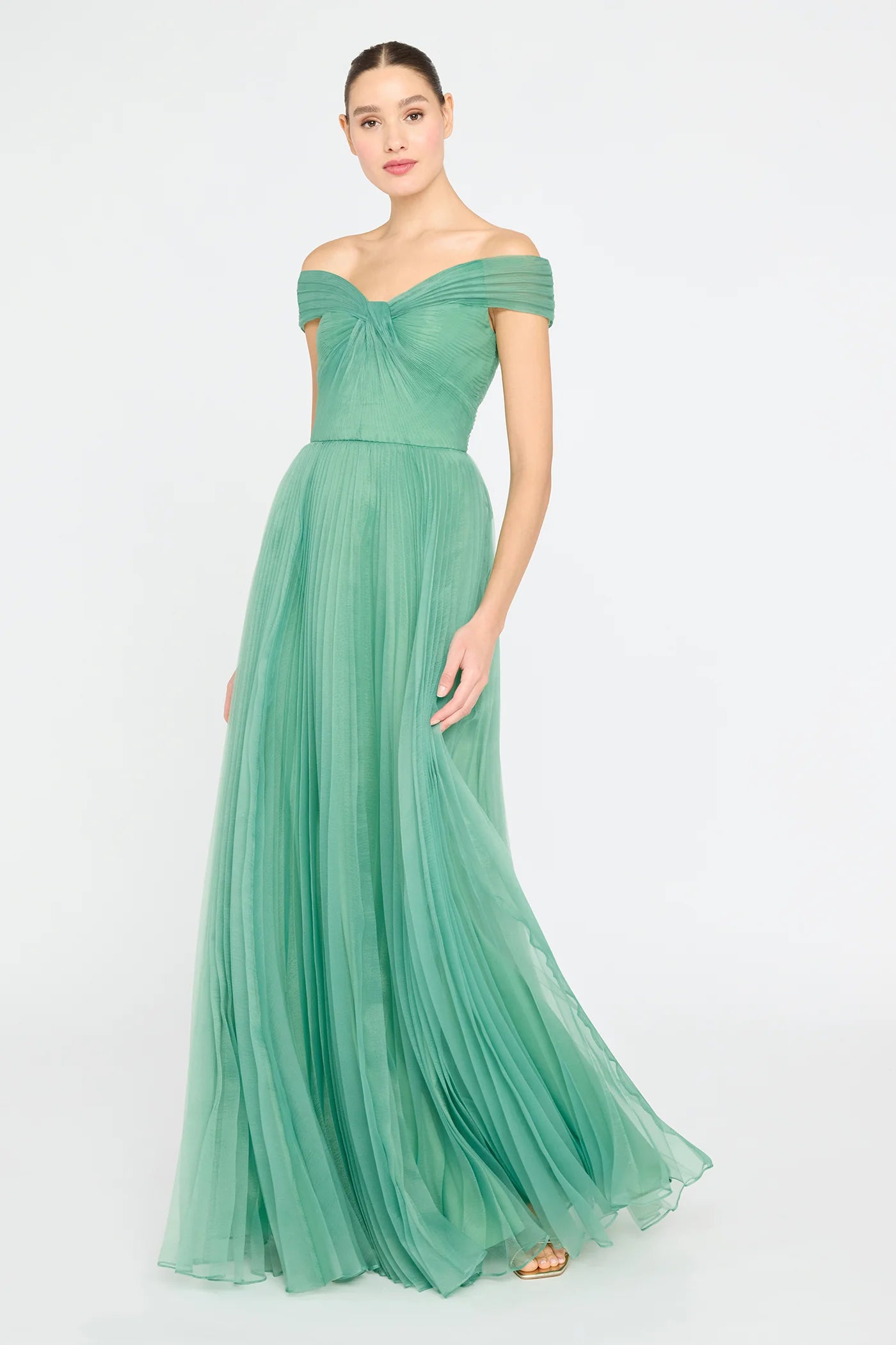 Sage Green Tulle A Line Off The Shoulder Pleated Floor Length Formal Evening Prom Dress