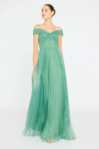 Sage Green Tulle A Line Off The Shoulder Pleated Floor Length Formal Evening Prom Dress