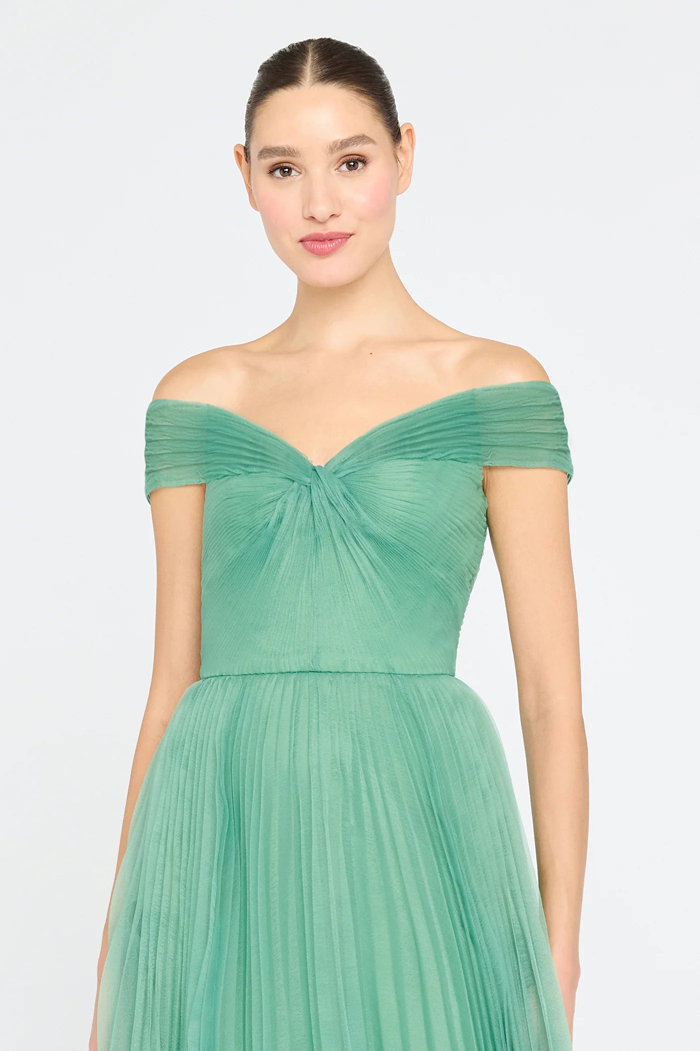 Sage Green Tulle A Line Off The Shoulder Pleated Floor Length Formal Evening Prom Dress
