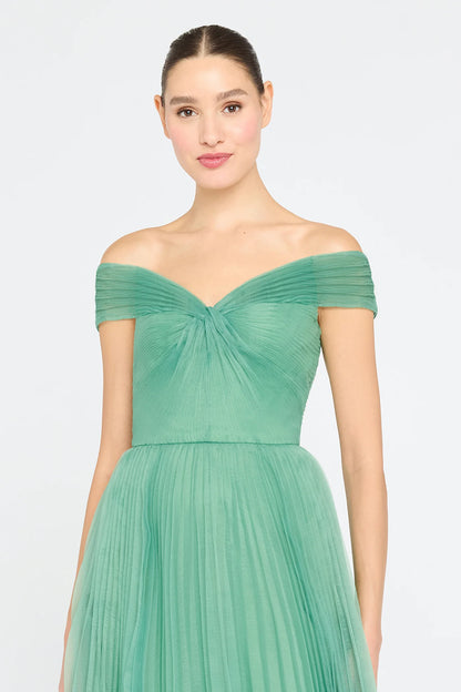 Sage Green Tulle A Line Off The Shoulder Pleated Floor Length Formal Evening Prom Dress