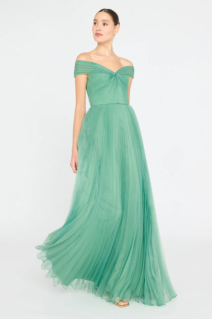 Sage Green Tulle A Line Off The Shoulder Pleated Floor Length Formal Evening Prom Dress