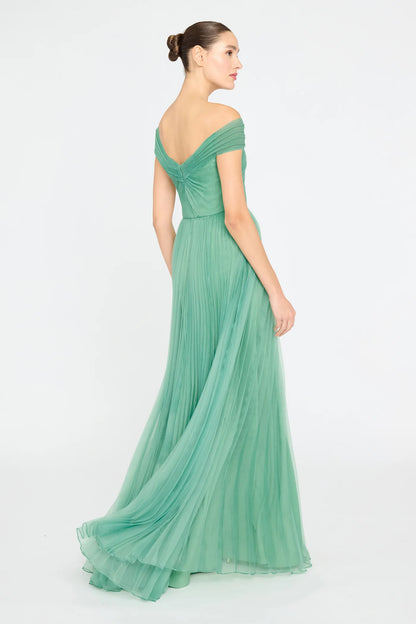 Sage Green Tulle A Line Off The Shoulder Pleated Floor Length Formal Evening Prom Dress