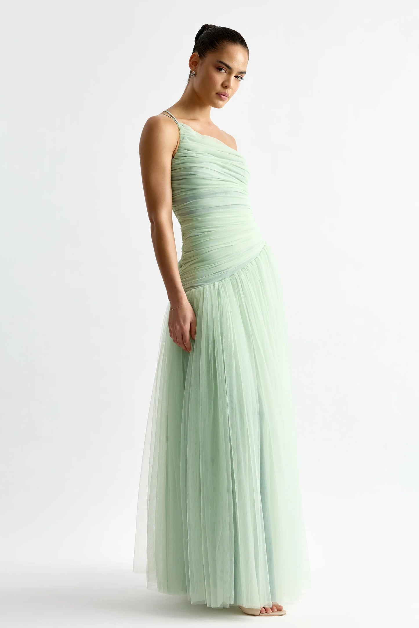 Sage Green Tulle One-Shoulder Ruched Bodice Maxi Prom Dress