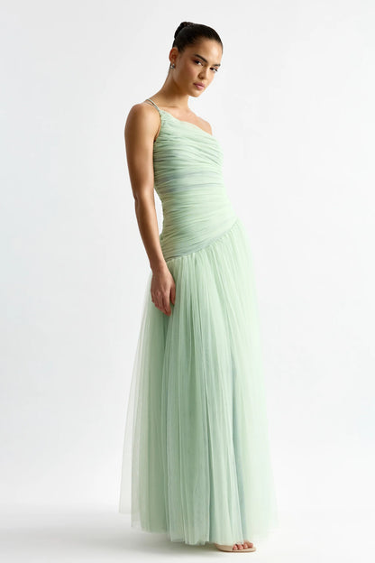 Sage Green Tulle One-Shoulder Ruched Bodice Maxi Prom Dress