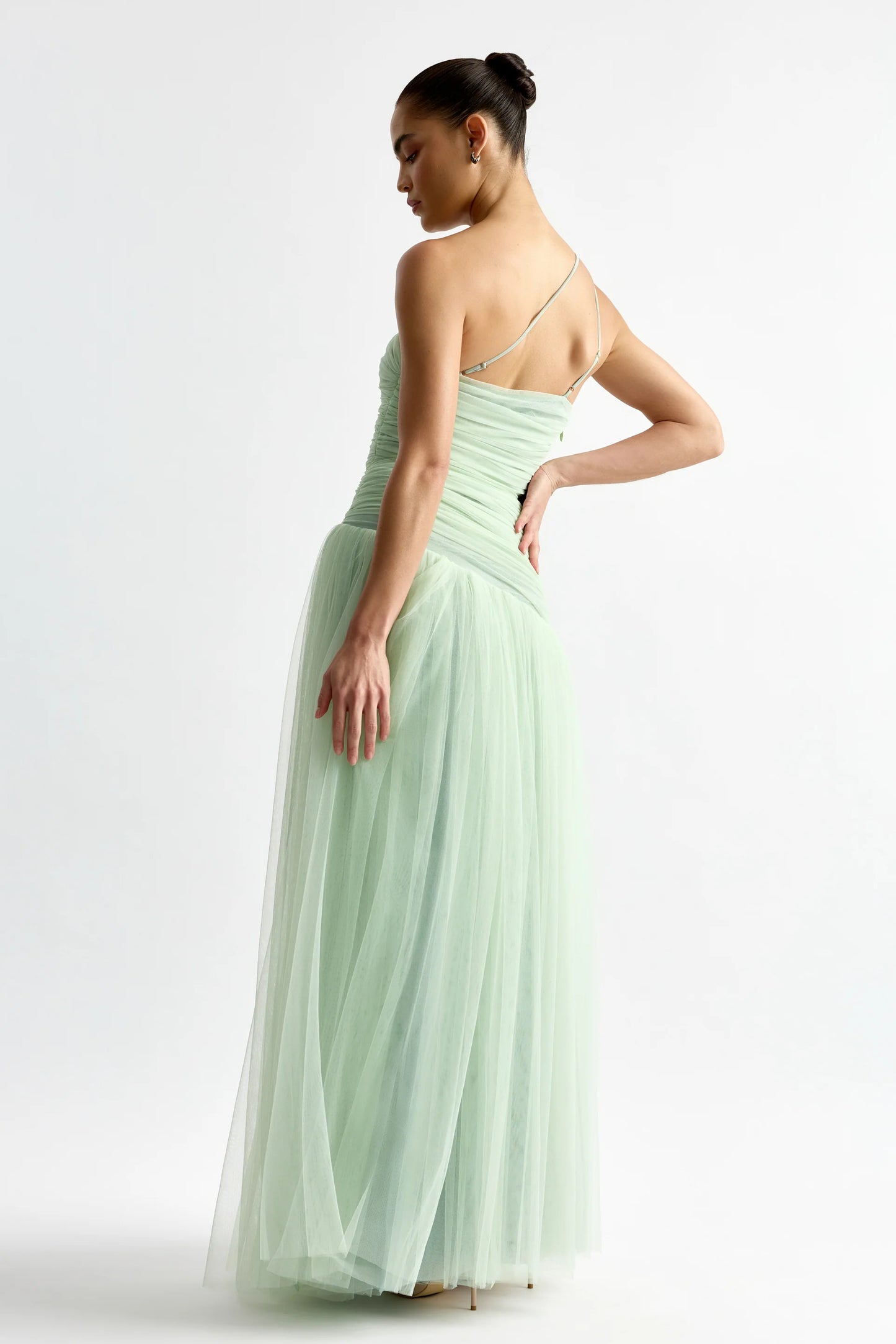Sage Green Tulle One-Shoulder Ruched Bodice Maxi Prom Dress
