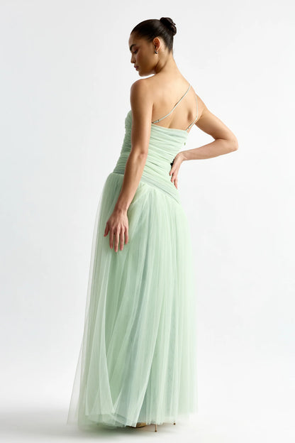Sage Green Tulle One-Shoulder Ruched Bodice Maxi Prom Dress