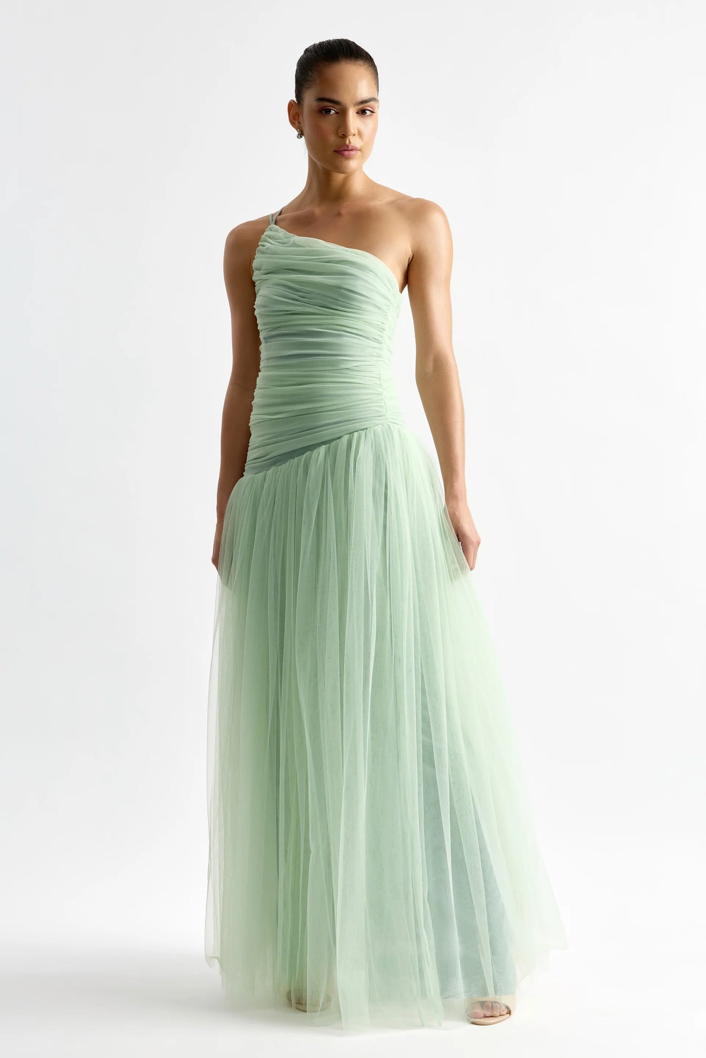 Sage Green Tulle One-Shoulder Ruched Bodice Maxi Prom Dress