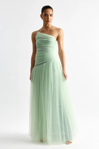 Sage Green Tulle One-Shoulder Ruched Bodice Maxi Prom Dress