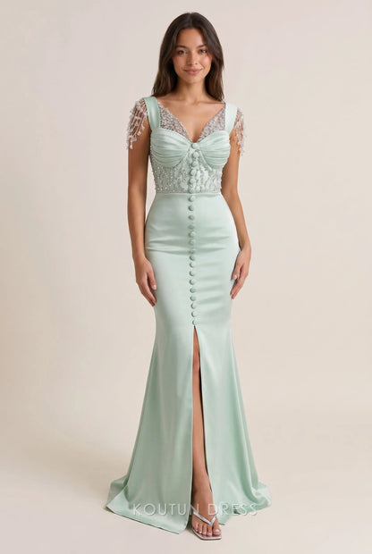 Sage Green V Neck Cap Sleeve Lace Beaded Embellished Button Front High Slit Mermaid Bodycon Long Prom Dress