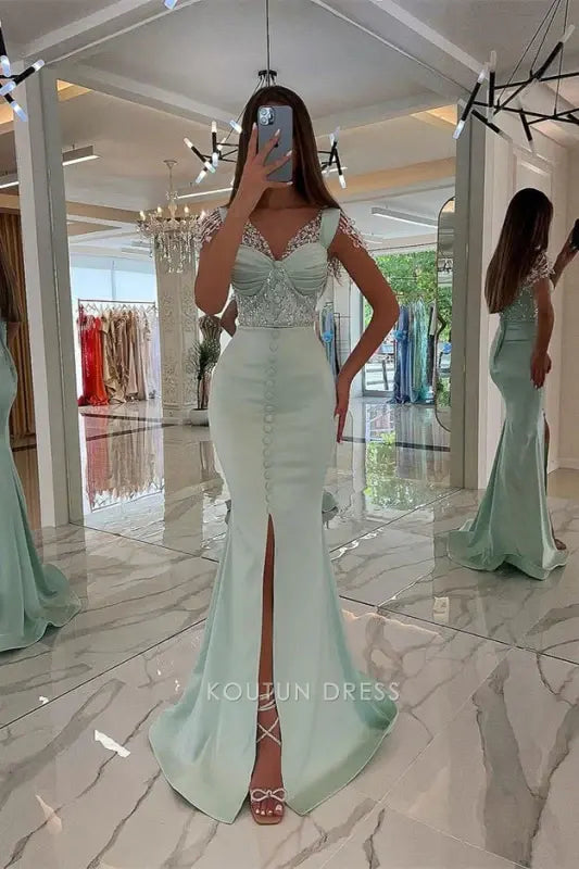 Sage Green V Neck Cap Sleeve Lace Beaded Embellished Button Front High Slit Mermaid Bodycon Long Prom Dress