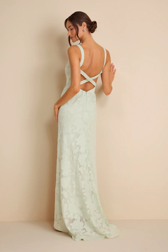 Sage Green V Neck Prom Dress With Floral Burnout Crisscross Back And Mermaid Formal Prom Dress