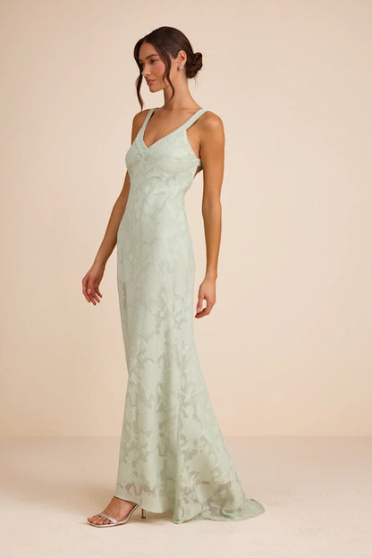 Sage Green V Neck Prom Dress With Floral Burnout Crisscross Back And Mermaid Formal Prom Dress