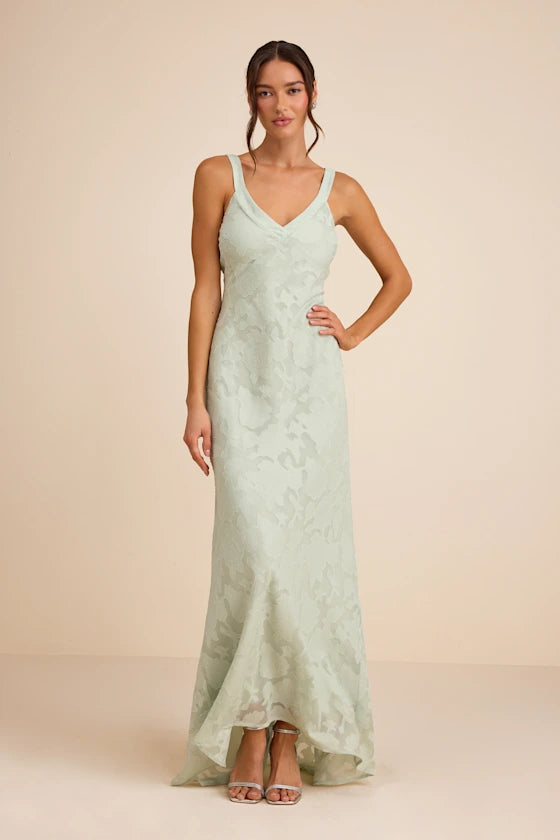 Sage Green V Neck Prom Dress With Floral Burnout Crisscross Back And Mermaid Formal Prom Dress