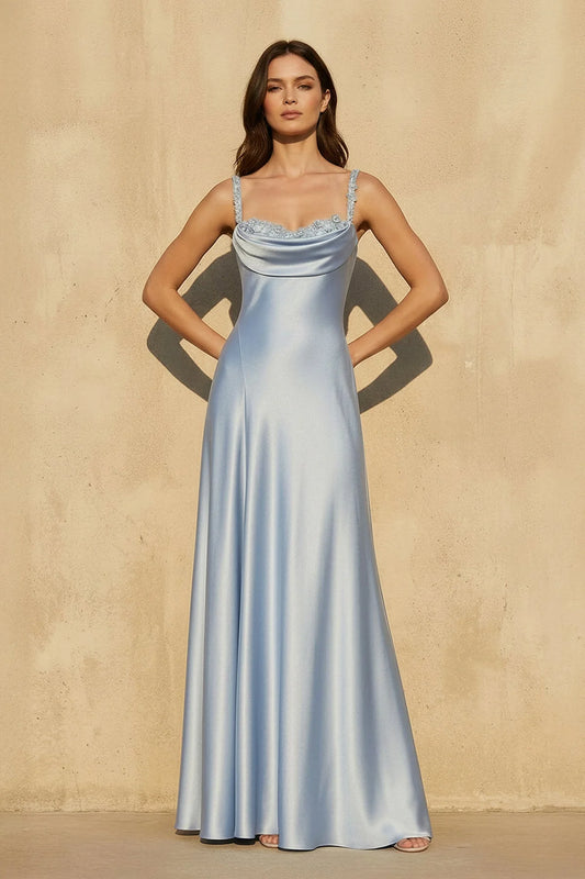 Satin Cowl Neck Floral Appliqué Spaghetti Strap Open Back A Line Floor Length Formal Evening Gown Prom Dress