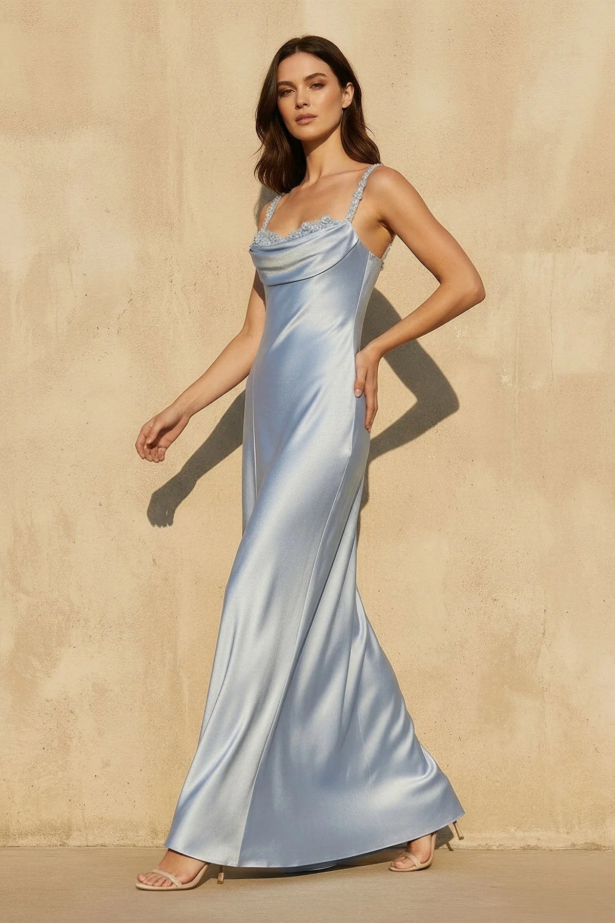 Satin Cowl Neck Floral Appliqué Spaghetti Strap Open Back A Line Floor Length Formal Evening Gown Prom Dress