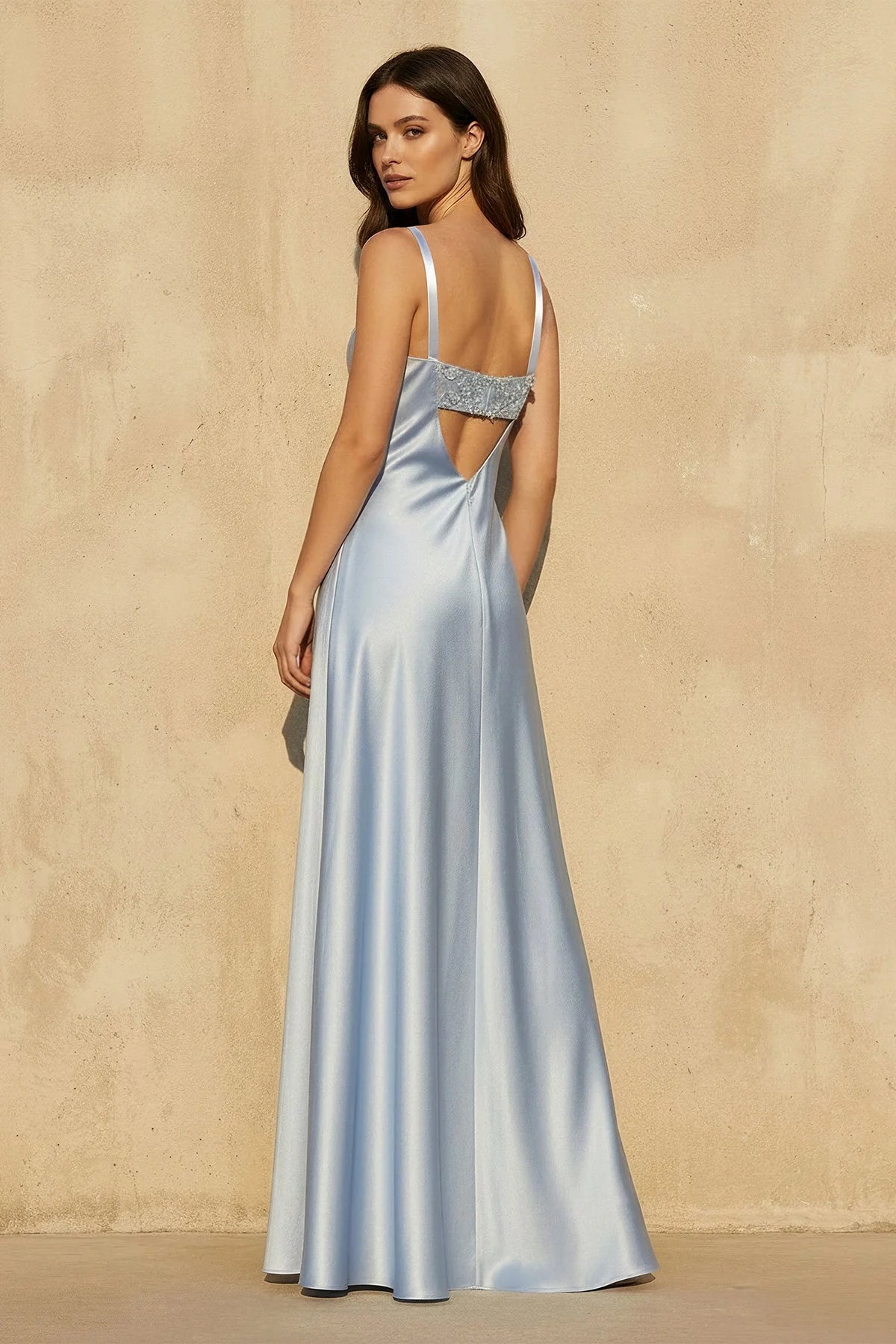 Satin Cowl Neck Floral Appliqué Spaghetti Strap Open Back A Line Floor Length Formal Evening Gown Prom Dress