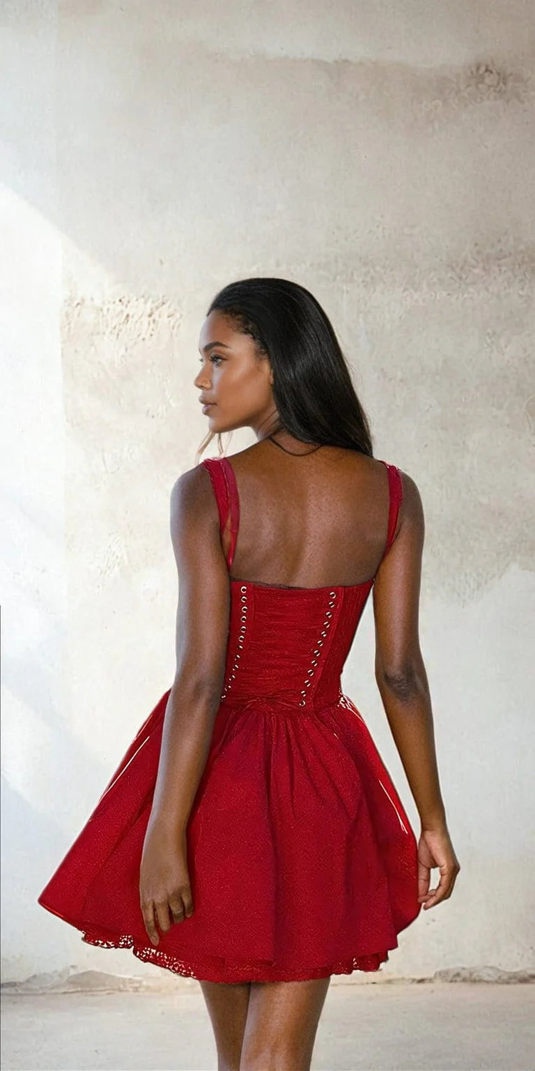 Back of patchwork V-neck mini bodycon dress on a model.