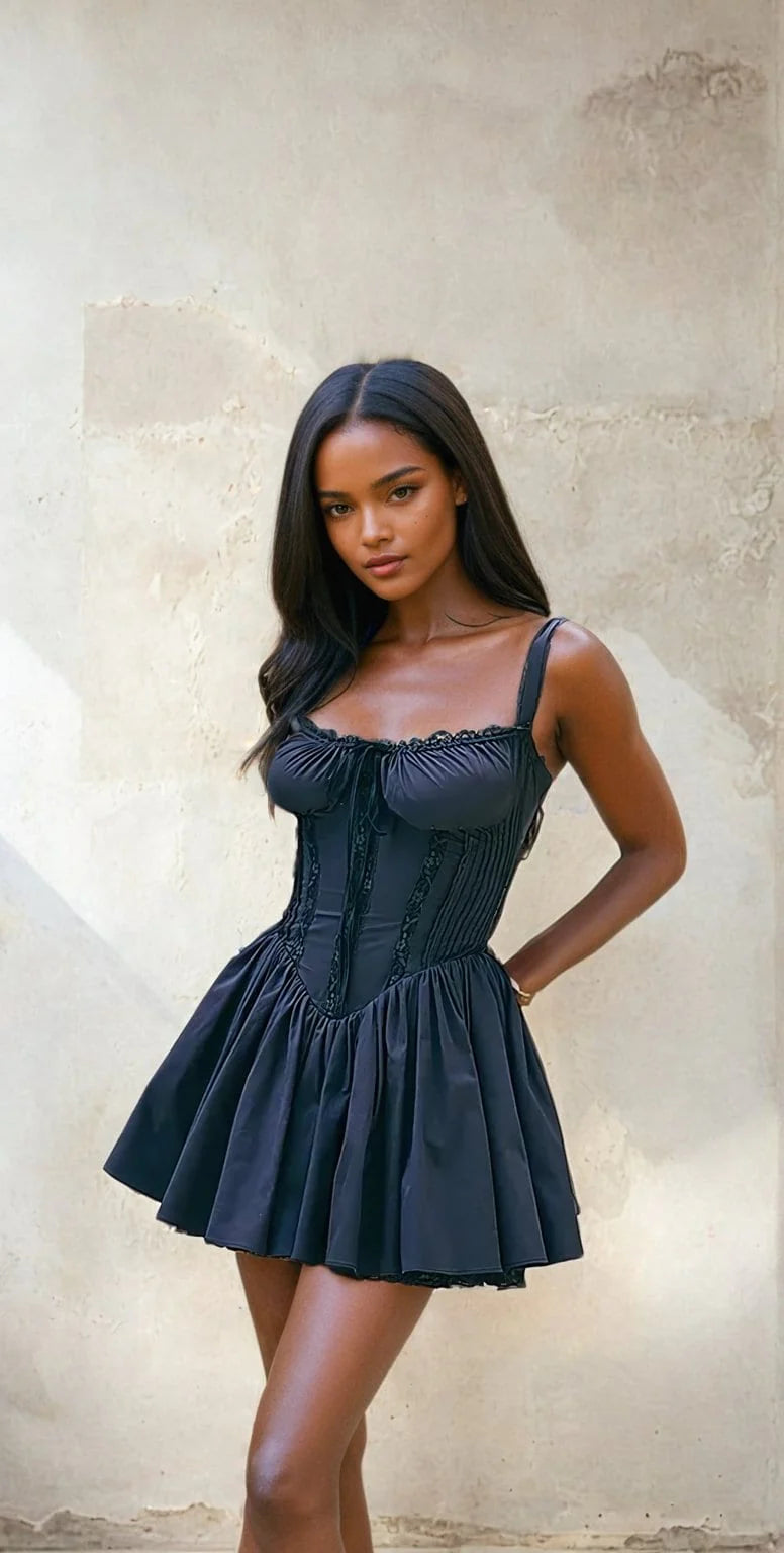 Side view of patchwork V-neck mini bodycon dress on a model.