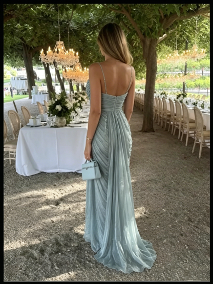 Sexy Spaghetti Straps Blue Tulle Pleated Evening Dress Elegant Prom Dress