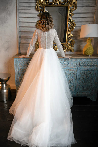 Shimmering A-Line Boat Neck Long Sleeve Sparkly White Floor-Length Wedding Gown