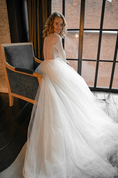 Shimmering A-Line Boat Neck Long Sleeve Sparkly White Floor-Length Wedding Gown