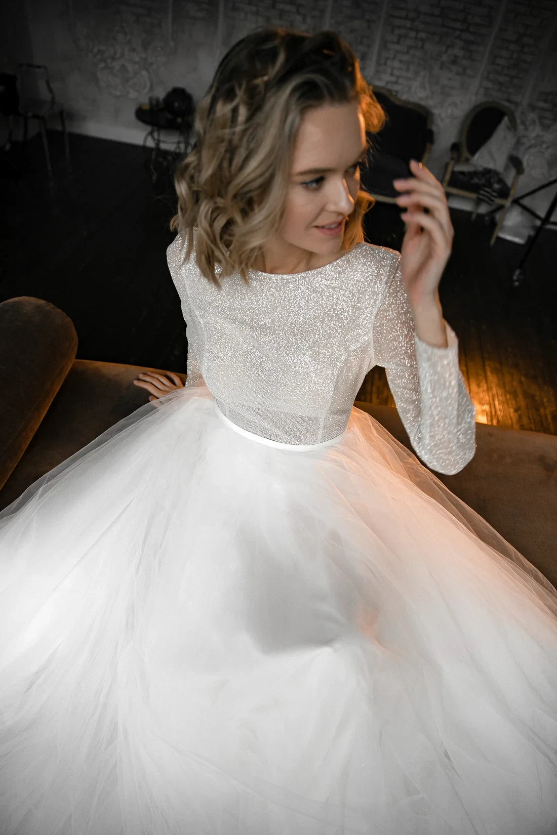 Shimmering A-Line Boat Neck Long Sleeve Sparkly White Floor-Length Wedding Gown