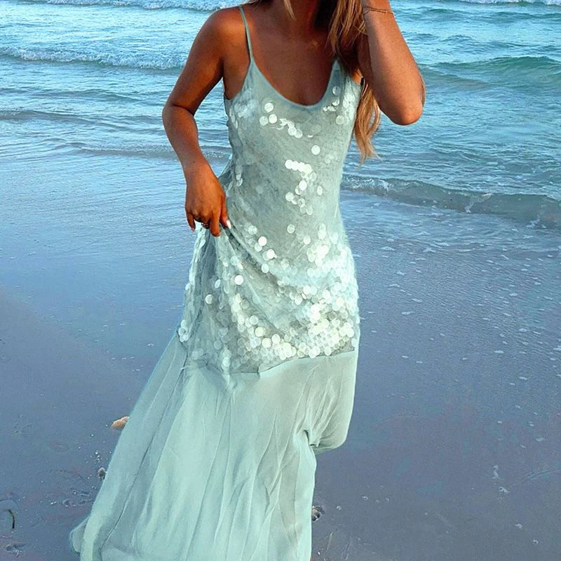 Shimmering A-Line Scoop Neck Sequin Flowy Mint Green Floor-Length Prom Dresses