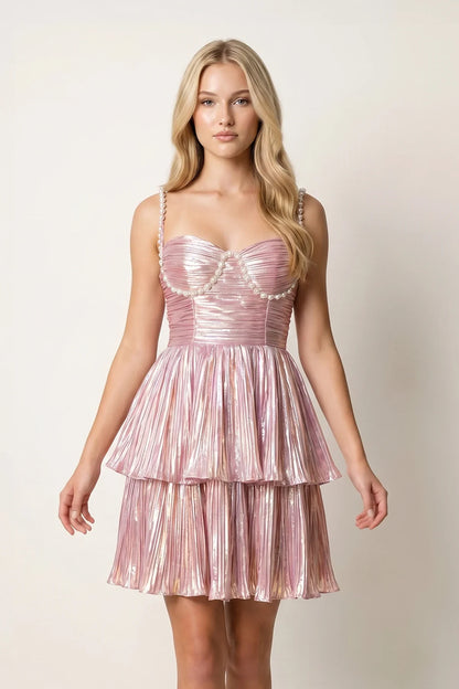 Shimmering A-Line Sweetheart Sleeveless Pleated Metallic Pink Short Homecoming Dress