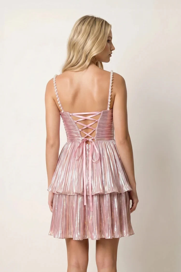 Shimmering A-Line Sweetheart Sleeveless Pleated Metallic Pink Short Homecoming Dress