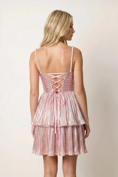 Shimmering A-Line Sweetheart Sleeveless Pleated Metallic Pink Short Homecoming Dress
