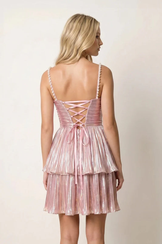 Shimmering A-Line Sweetheart Sleeveless Pleated Metallic Pink Short Homecoming Dress