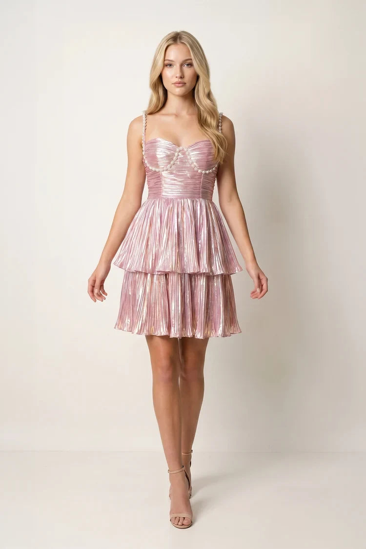 Shimmering A-Line Sweetheart Sleeveless Pleated Metallic Pink Short Homecoming Dress