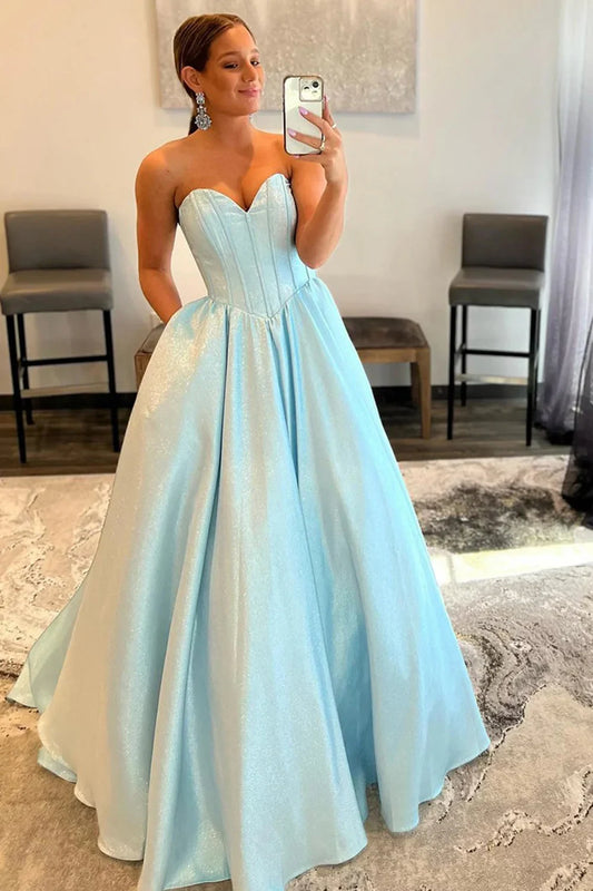 Shimmering A-Line Sweetheart Strapless Glamorous Light Blue Long Prom Dresses Gown