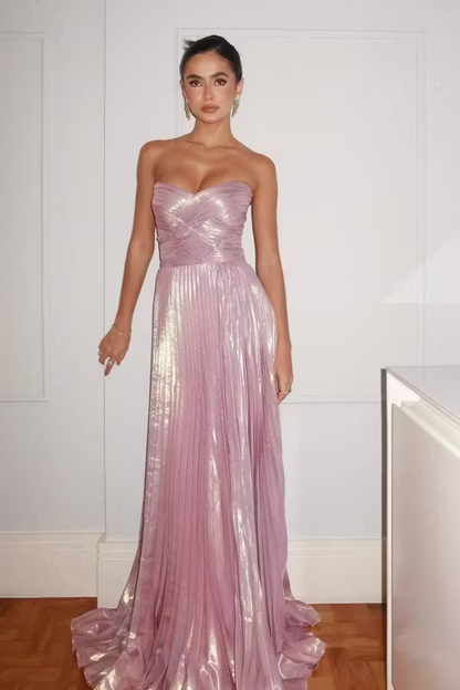 Shimmering A-Line Sweetheart Strapless Pleated Metallic Lavender Floor-Length Prom Dresses Gown