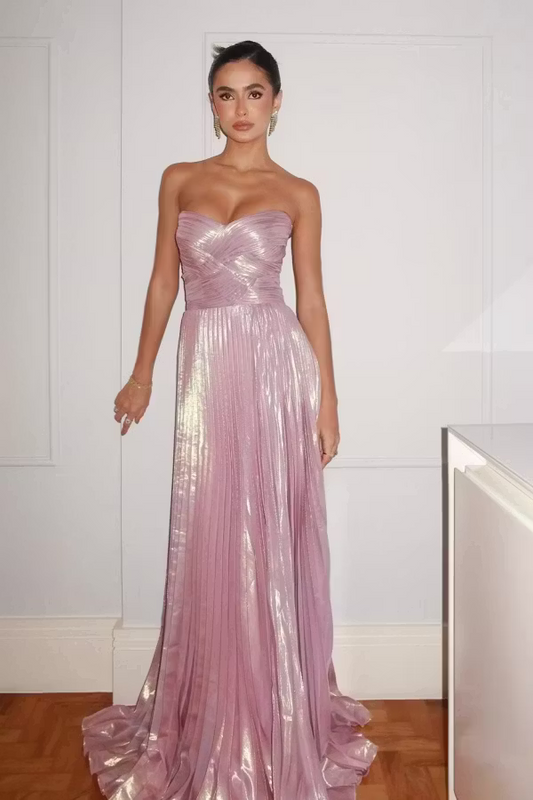 Shimmering A-Line Sweetheart Strapless Pleated Metallic Lavender Floor-Length Prom Dresses Gown