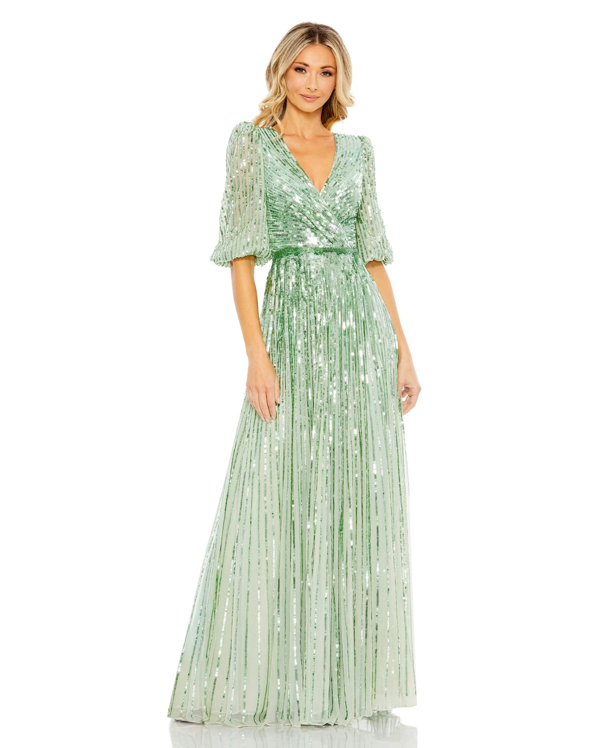 Shimmering A-Line V-Neck Short Sleeve Sequin Sage Floor-Length Mother of the Bride Gown