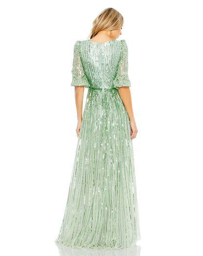 Shimmering A-Line V-Neck Short Sleeve Sequin Sage Floor-Length Mother of the Bride Gown