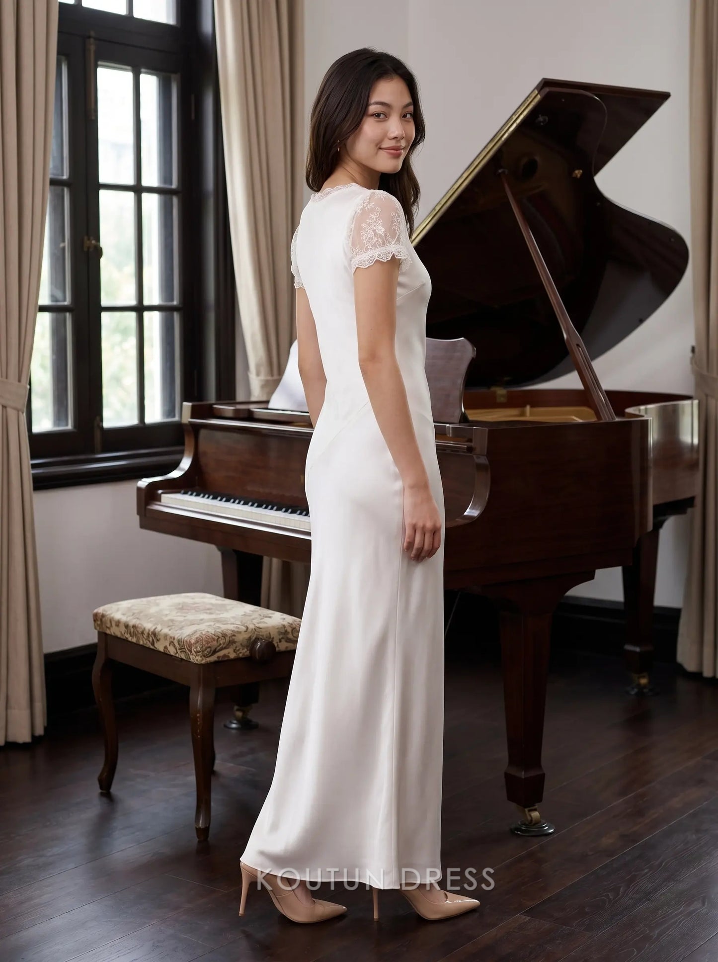 Short Sleeve Lace Trim Scoop Neck Satin Floor Length Sheath Maxi Prom Dress