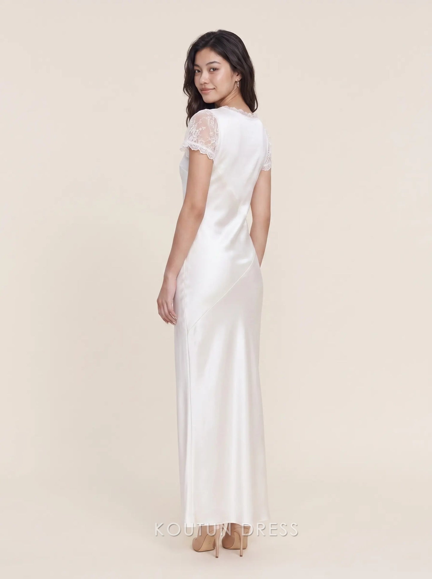 Short Sleeve Lace Trim Scoop Neck Satin Floor Length Sheath Maxi Prom Dress