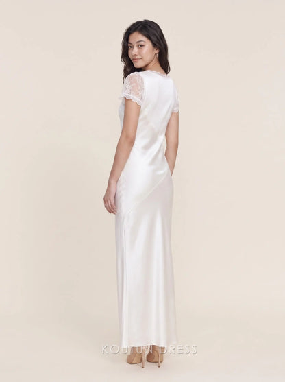 Short Sleeve Lace Trim Scoop Neck Satin Floor Length Sheath Maxi Prom Dress