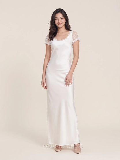 Short Sleeve Lace Trim Scoop Neck Satin Floor Length Sheath Maxi Prom Dress